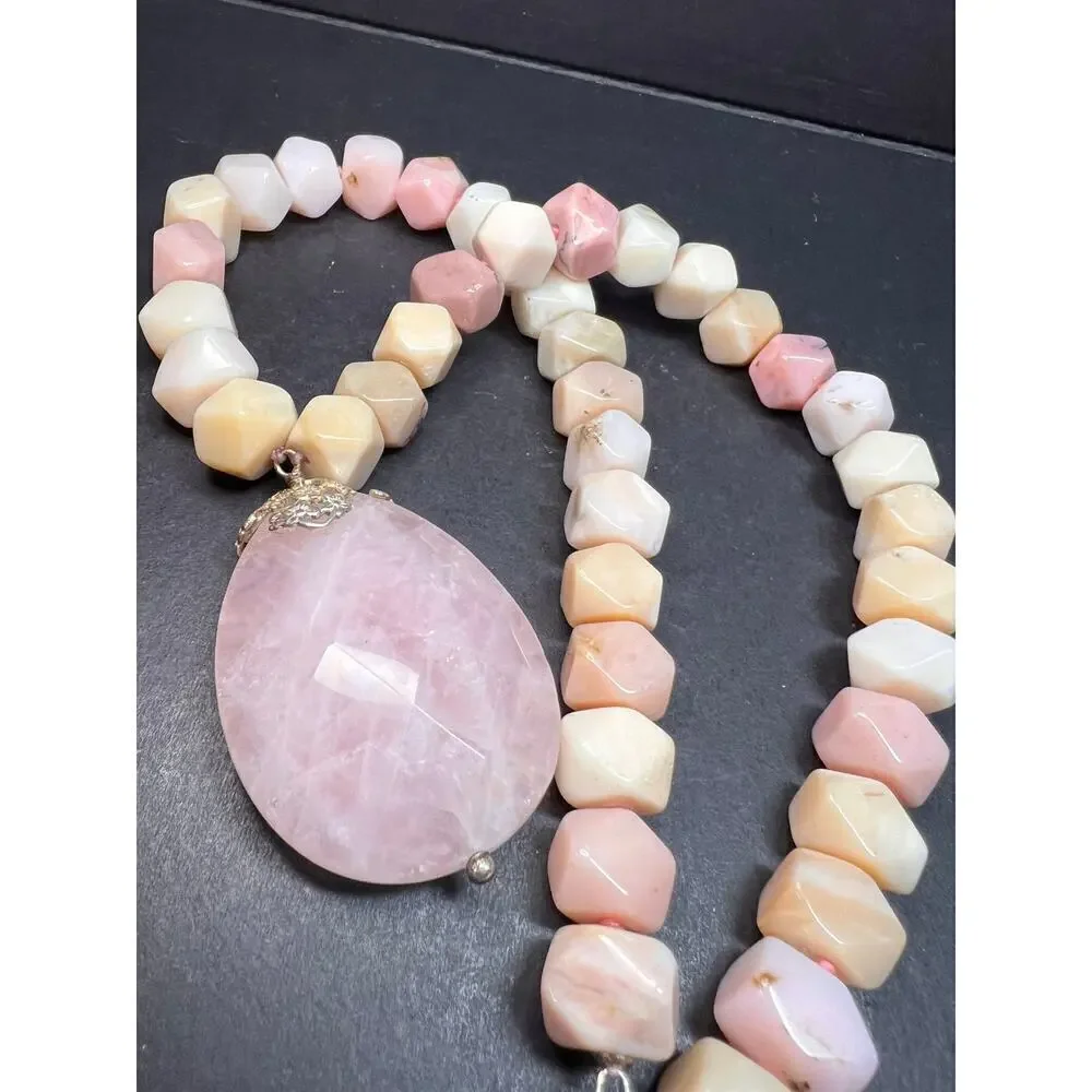 NEW pink opal and rose quartz Sterling silver necklace